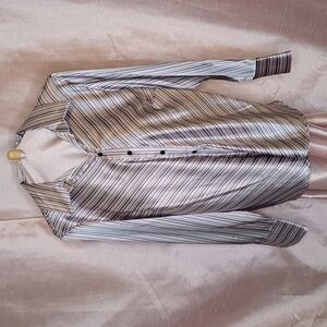 (f2-2) 70's inspired Satin-like diagonal stripe button up long sleeve top 2X